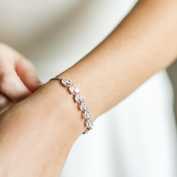 Floral Wedding Bracelet, CZ Floral Bridal Bracelet, Crystal Wedding Bracelet, Floral Bridal Bracelet, Wedding Bracelet, Adjustable ~ JB-4859