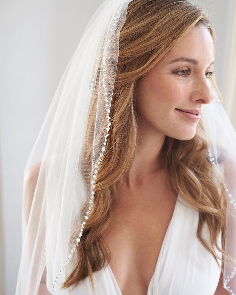 Beaded Wedding Veil Rhinestone Bridal Veil Ivory Veil Elbow | Etsy