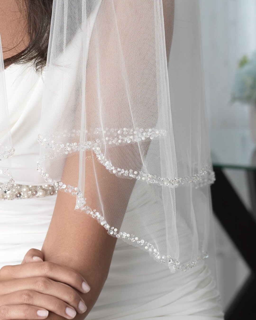 Pearl and Crystal Beaded Edge Veil • Light Ivory 2-tier  display picture 2