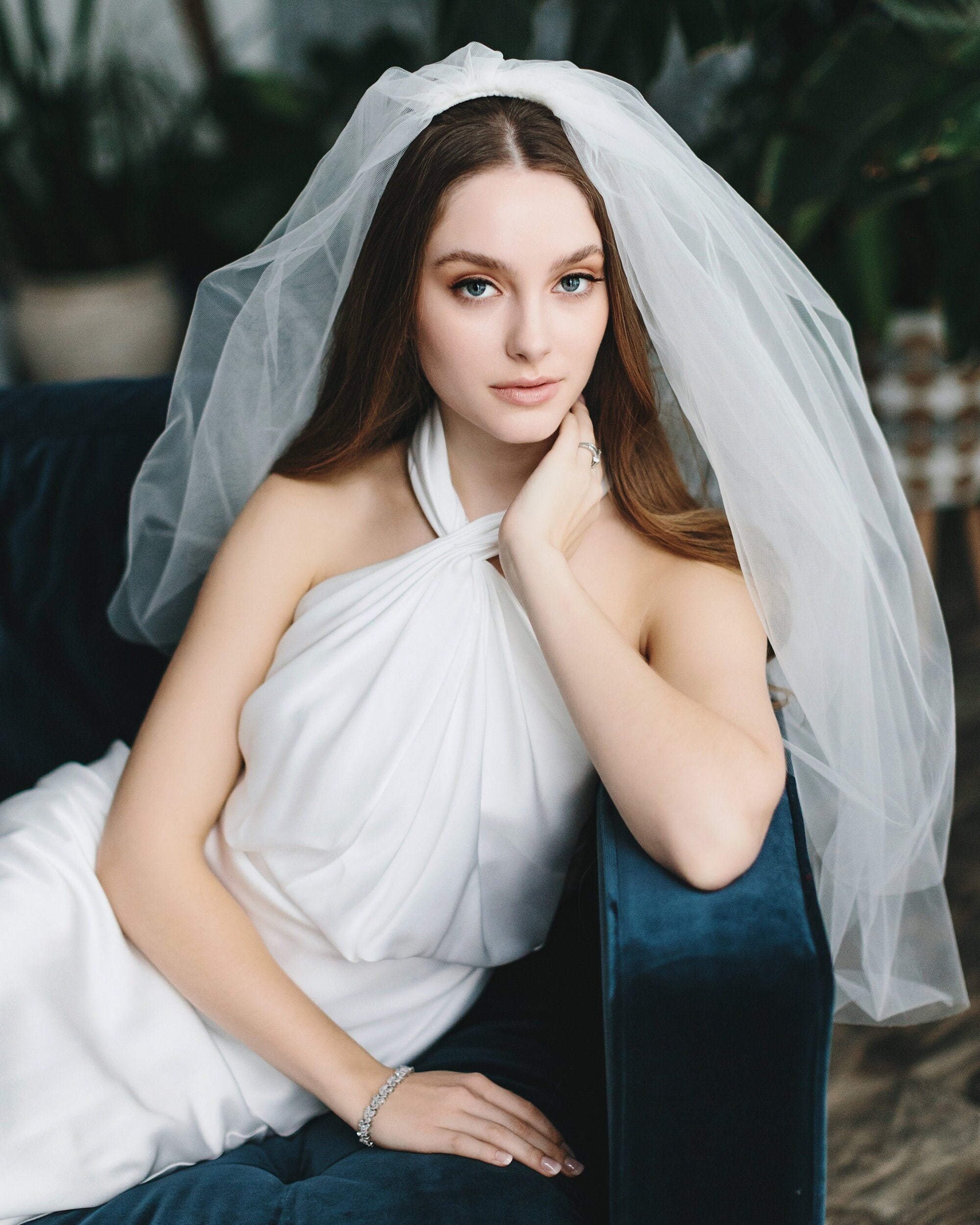 Light Ivory Blusher Wedding Veil • 2-tier Cut Edge Fingertip 