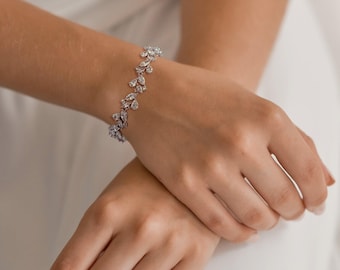 Wedding Bracelet Cubic Zirconia Leaf Cluster Silver Bridal Jewelry for Bride ~4946