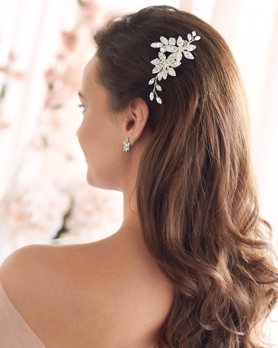 Silver Floral Pearl and Crystal Bridal Hair Clip • Wedding  display picture 2