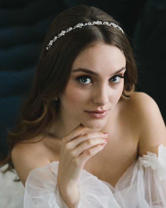 Beaded Crystal Wedding Headband • Silver Crystal Headband  display picture 3