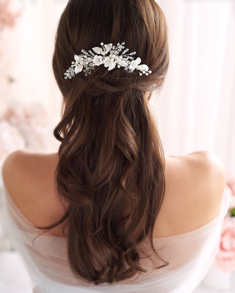 Floral Crystal & Pearl Comb, Crystal Wedding Comb, Bridal Hair Comb, Floral Hair Comb, Pearl Hair Comb, Floral Hair Comb TC-2299 image 3