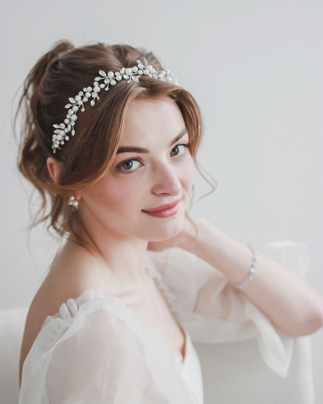 Rhinestone Crystal Bridal Headband, Silver Vine and Flower Hair Chain