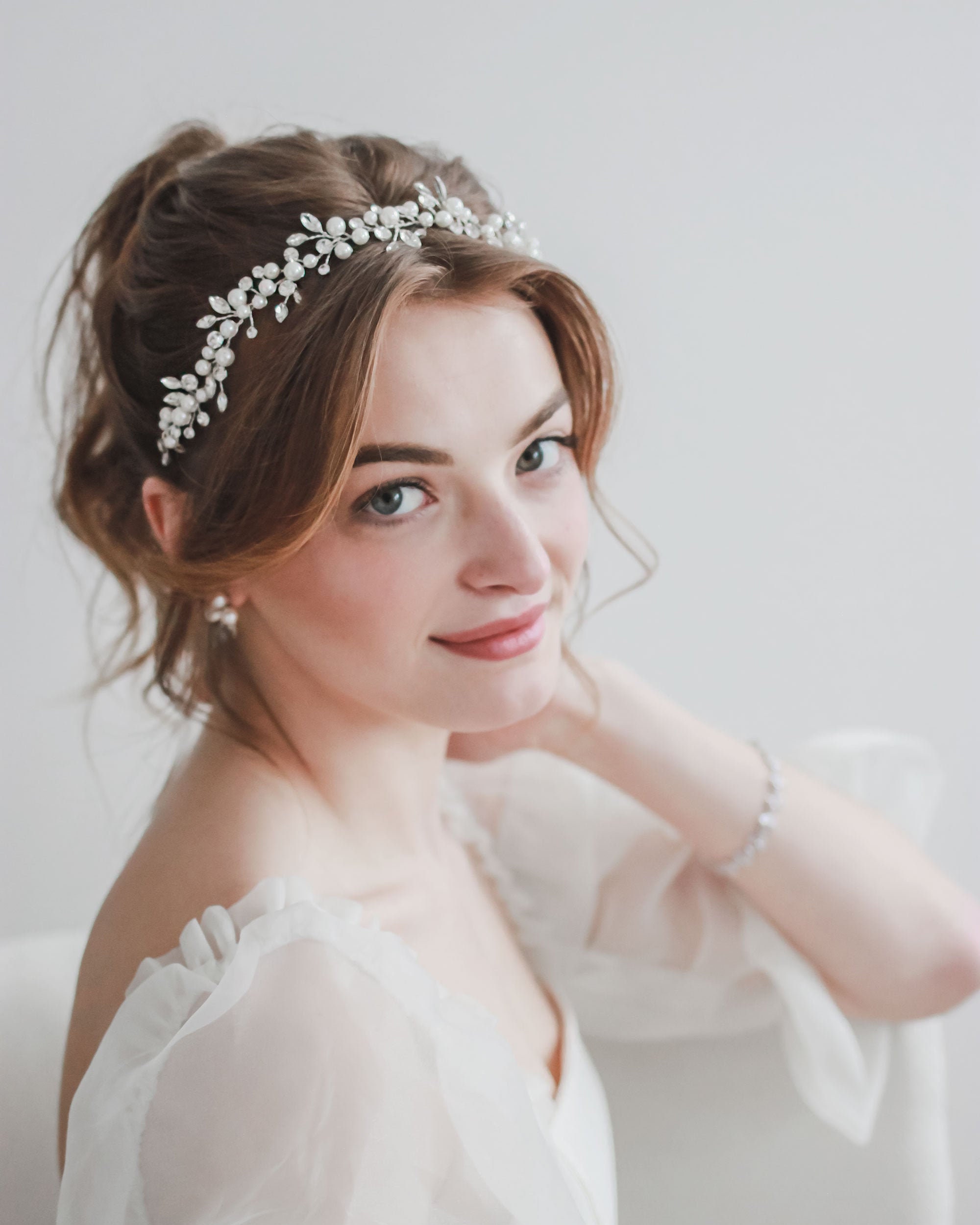 Wedding Headpiece Hair Vine Bridal Hairband Flower Forehead Band with Ribbon 