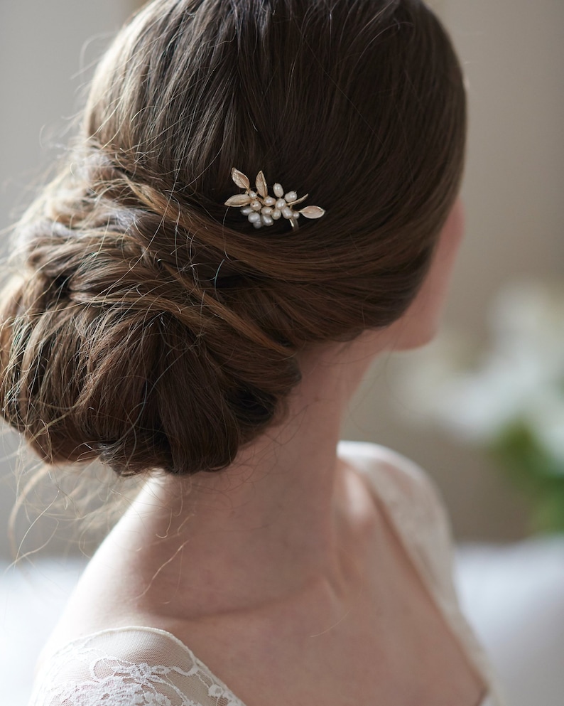 Bridal Hair Pin, Pearl Wedding Hair Pin, Wedding Hair Pin, Gold Bridal Hair Pin, Gold Leaf Wedding Hair Pin, Bridal Hair Accessory TP-2838 image 1