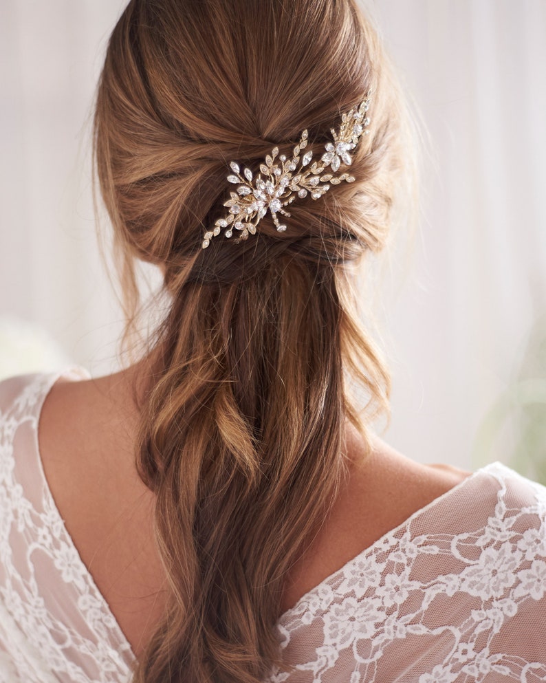Gold Crystal Wedding Hair Clip, Crystal Bridal Hair Clip, Floral & Crystal Wedding Hair Clip, Bridal Hair Clip, Wedding Hair Clip TC-2432 image 7