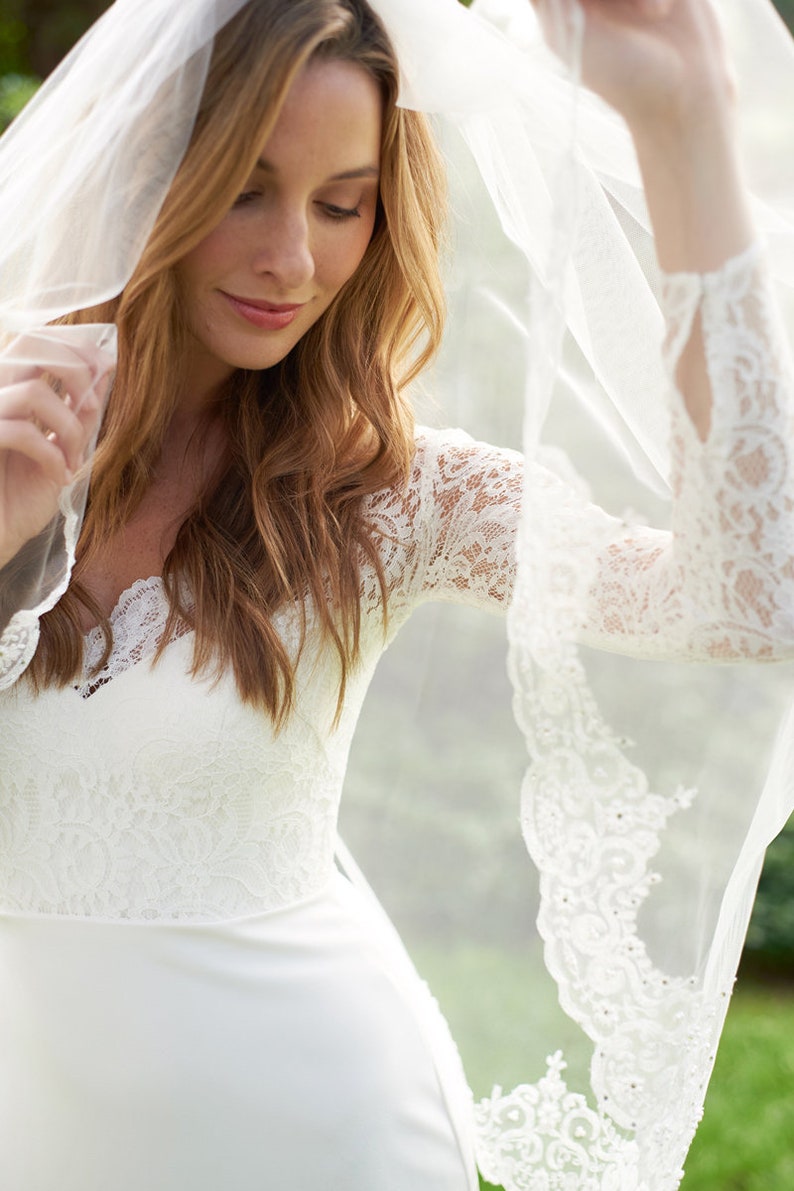 Pearl Lace Wedding Veil Rhinestone Bridal Veil Lace Etsy