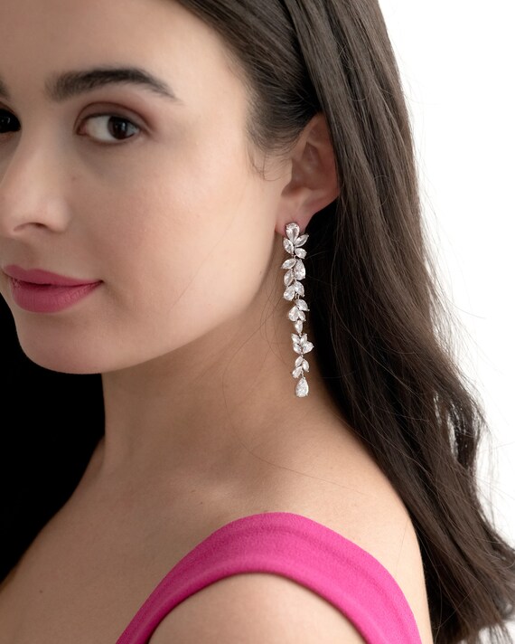 Buy CZ Long Dangle Earrings, Silver CZ Drop Earrings, Gold Dangle