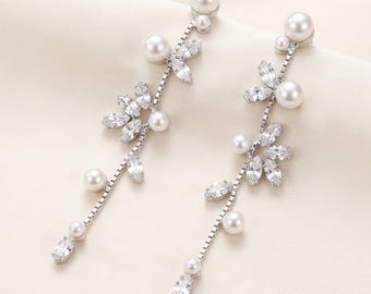 Pearl Drop Earrings, Silver Crystal Bridal Dangles, Long Wedding Jewelry ~4570