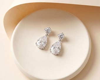 Simple CZ Drop Bridal Earrings • Wedding Dangle Jewelry • Dainty Silver Earrings • 4556