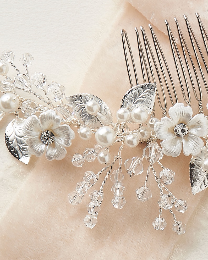 Floral Crystal & Pearl Comb, Crystal Wedding Comb, Bridal Hair Comb, Floral Hair Comb, Pearl Hair Comb, Floral Hair Comb TC-2299 image 6