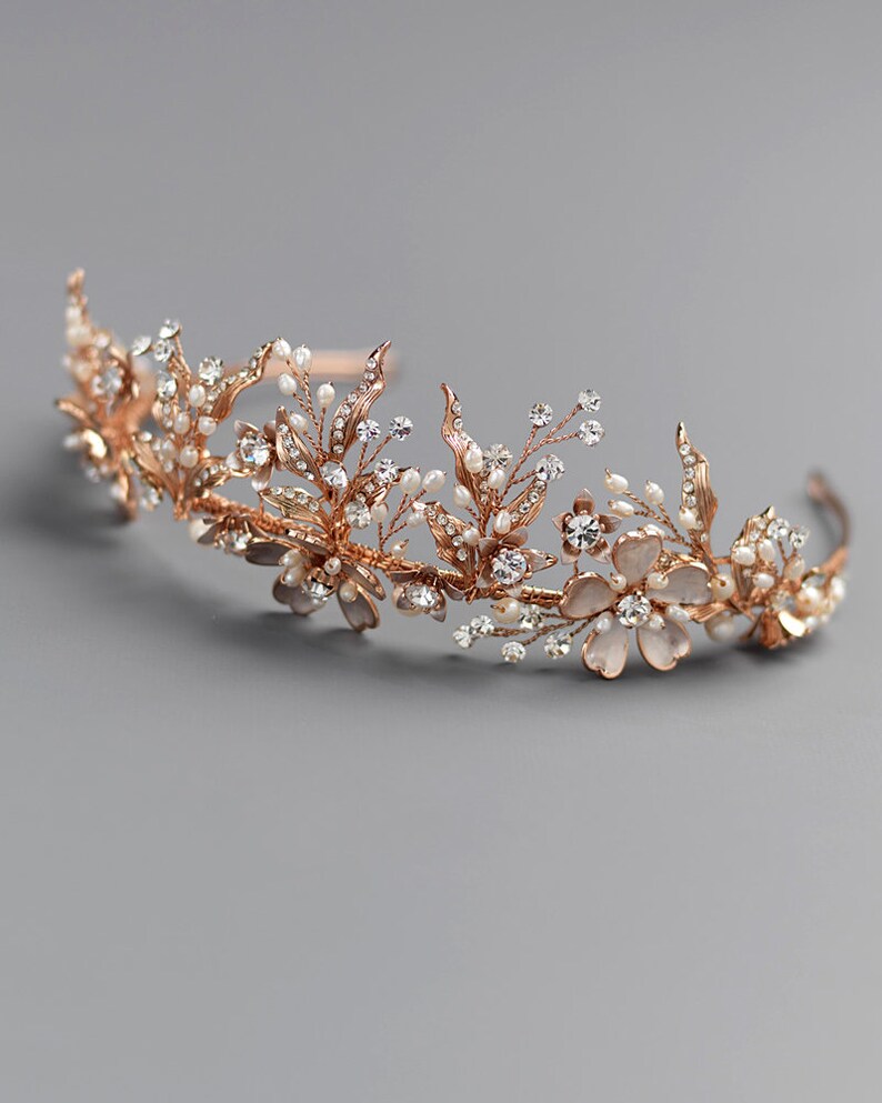 Rose Gold Pearl Tiara Wedding Headpiece Rose Gold Floral Bridal Tiara TI-7049 Bridal Hair Accessory Freshwater Pearl Wedding Crown