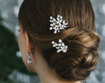 Pearl & Crystal Hair Pins • Bridal Hair Pins • Pearl Bridal Hair Pins • Crystal Hair Pins • Silver Wedding Hair Pins • Wedding Hair • 8276