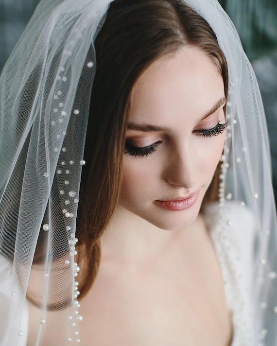 Scattered Pearl Wedding Veil • Light Ivory • Fingertip and  display picture 1