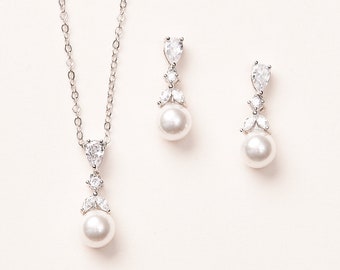 Bruidsparel sieraden set, Pearl CZ drop sieraden set, CZ parel sieraden set, parel bruidsmeisje sieraden, bruiloft sieraden met parels ~1735