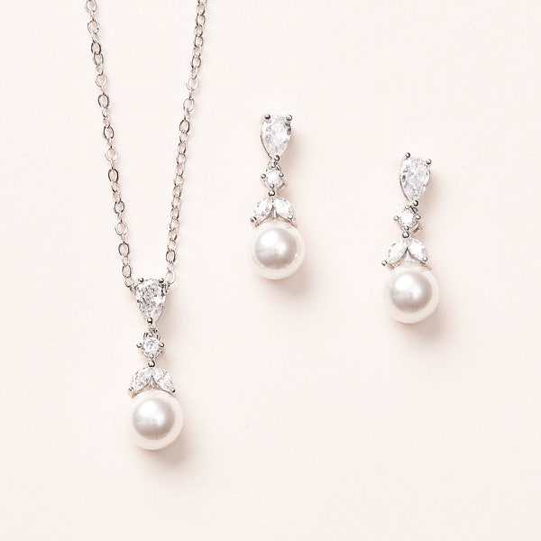 Conjunto de joyas de perlas nupciales, conjunto de joyas de gota de perla CZ, conjunto de joyas de perlas CZ, joyería de dama de honor de perlas, joyería de boda con perlas ~ 1735