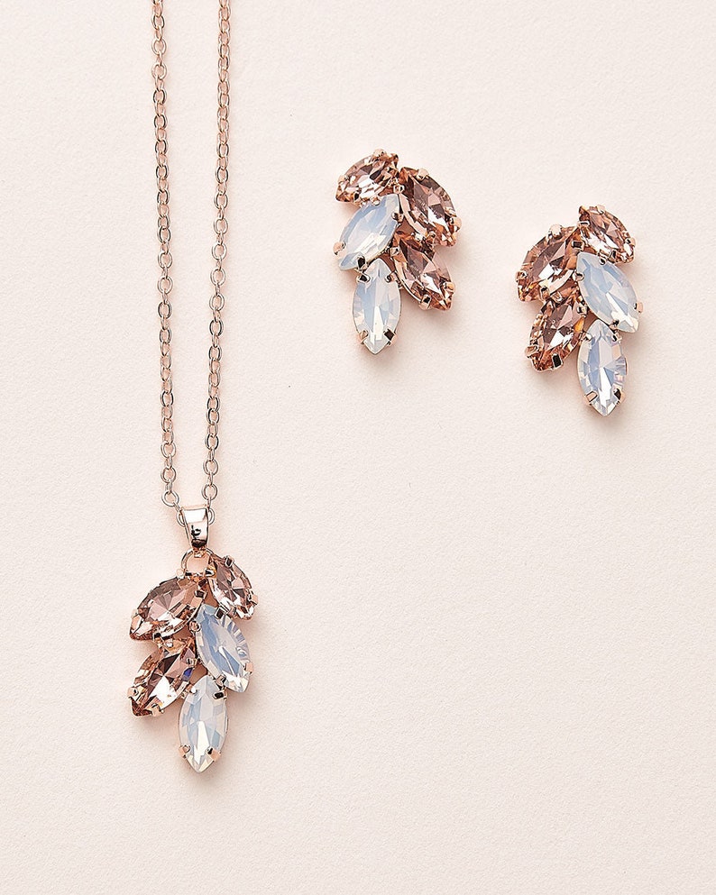 Rose Gold Floral Bridal Jewelry Set Floral Wedding Jewelry Opal Wedding Earrings & Necklace Bridal Jewelry Jewelry for Bride 1728 image 1