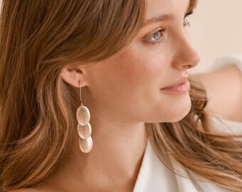 Elongated Gold Dangle Earrings • Statement Earrings • Wedding Earrings Brides • Gold Disk Earrings • Dangle Earrings • Gifts for Her • 4533