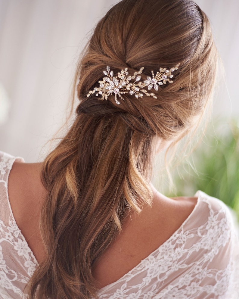 Gold Crystal Wedding Hair Clip, Crystal Bridal Hair Clip, Floral & Crystal Wedding Hair Clip, Bridal Hair Clip, Wedding Hair Clip TC-2432 image 1