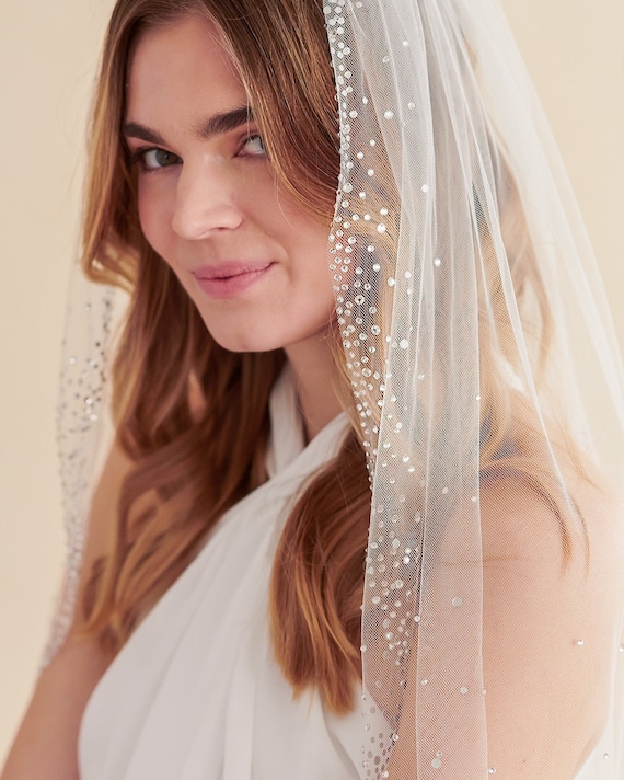 Scattered Crystal Wedding Veil Crystal Bridal Veil Fingertip Length Veil  Ivory Crystal Veil Rhinestone Veil 1 Layer Veil 5111 