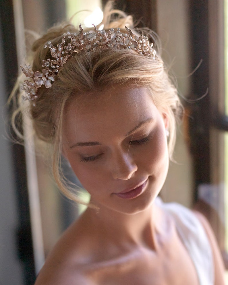 Rose Gold Pearl Tiara Wedding Headpiece Rose Gold Floral Bridal Tiara TI-7049 Bridal Hair Accessory Freshwater Pearl Wedding Crown