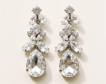 Teardrop Earrings, Silver Crystal Bridal Statement Drops, Marquise Cluster Wedding Jewelry ~4569