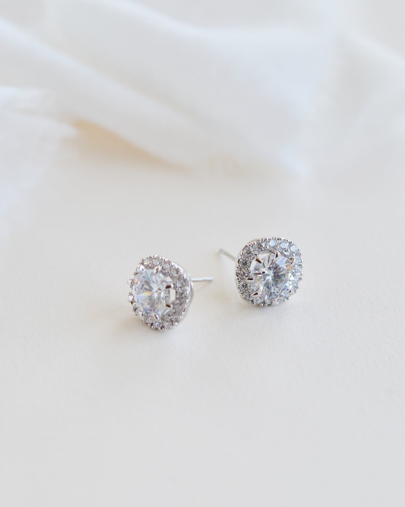 Halo Bridal Studs CZ Studs Bridal Stud Earrings Cubic - Etsy