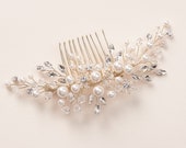 Gold Pearl Bridal Comb, Floral Wedding Crystal & Rhinestone Comb, Bridal Headpiece, Gold Wedding Comb, Pearl Floral Bridal Comb ~TC-2293