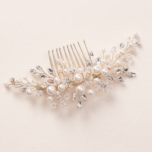 Gold Pearl Bridal Comb, Floral Wedding Crystal & Rhinestone Comb, Bridal Headpiece, Gold Wedding Comb, Pearl Floral Bridal Comb ~TC-2293