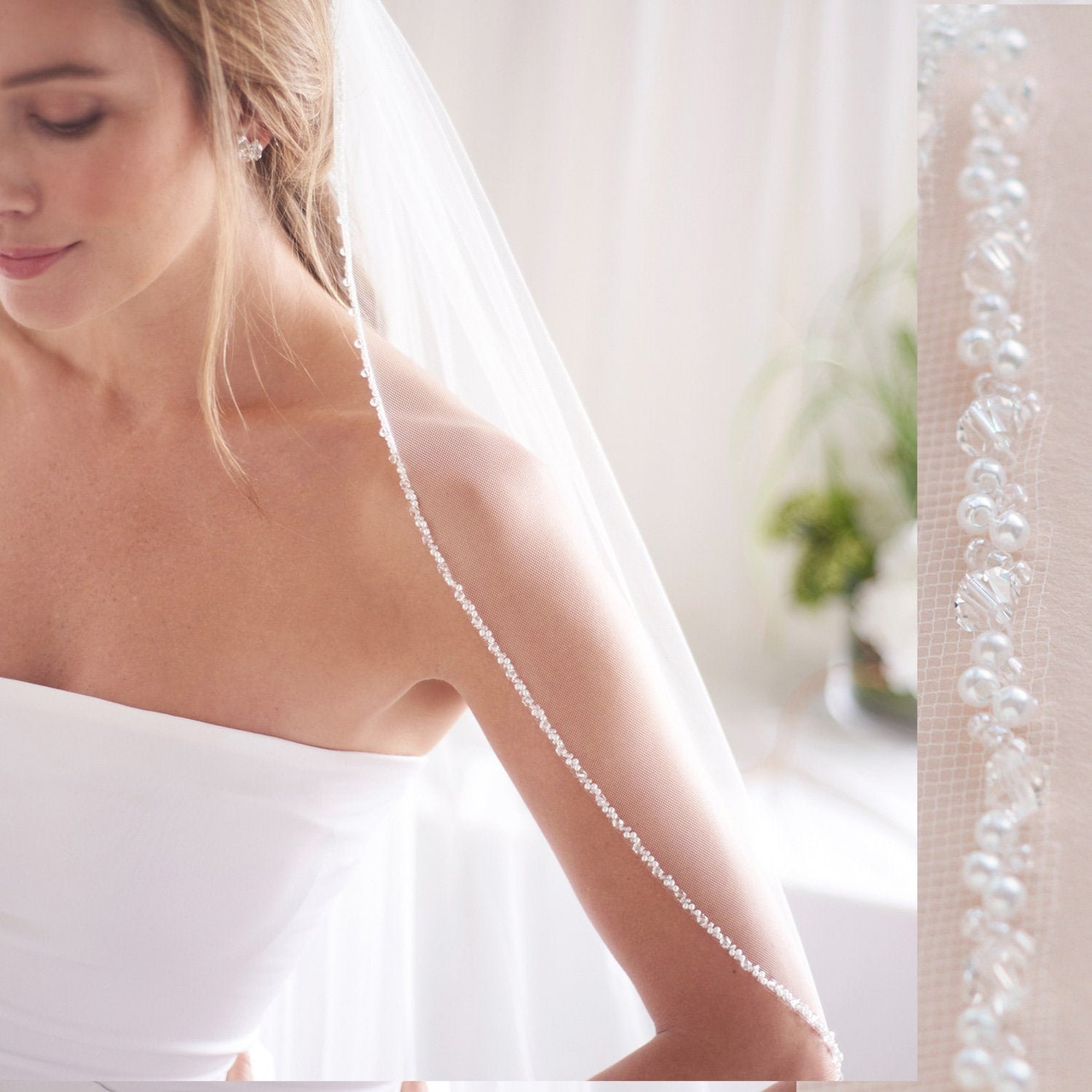 Beaded Wedding Veil Beaded Ivory Bridal Veil Beaded Edge Etsy