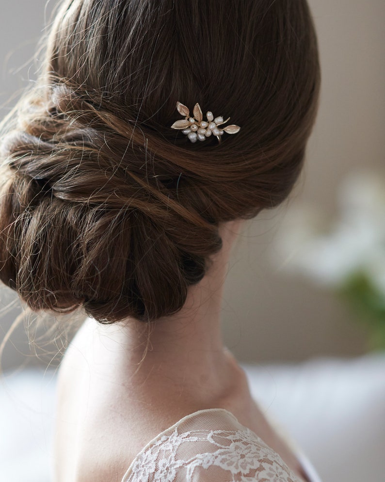 Bridal Hair Pin, Pearl Wedding Hair Pin, Wedding Hair Pin, Gold Bridal Hair Pin, Gold Leaf Wedding Hair Pin, Bridal Hair Accessory TP-2838 image 3