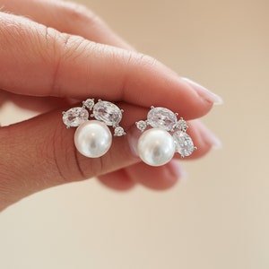 CZ Pearl Stud Earrings • Wedding Earrings • Pearl Bridal Earrings • Chunky Pearl Studs • Pearl Stud Earrings • Bridesmaid Earrings • 4401