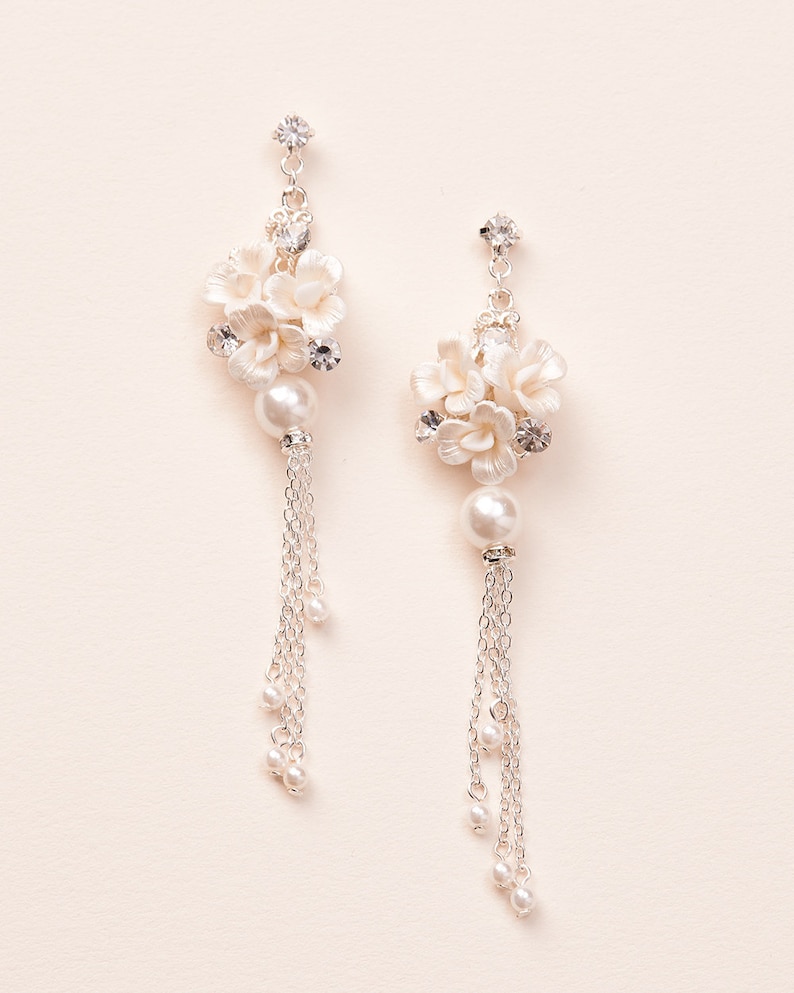 Floral Wedding Earrings Floral Chain Dangle Earrings Pearl & Crystal Wedding Earrings Flower Bridal Earrings Bridal Earrings 4430 image 2