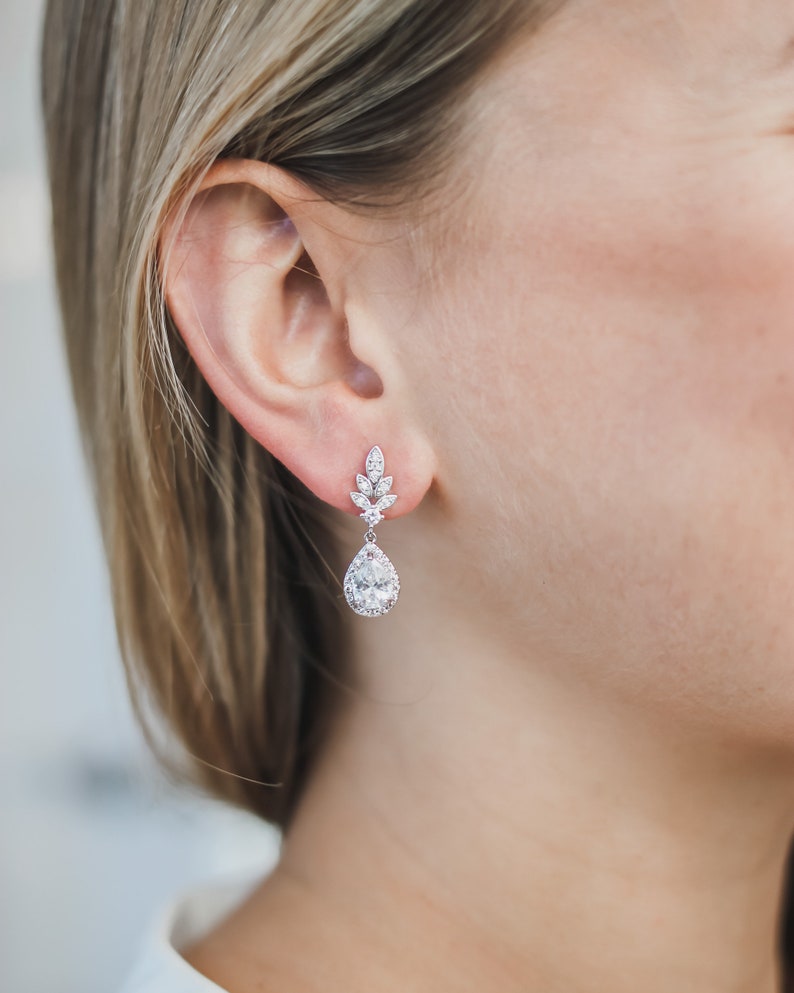 Bridal CZ Drop Earrings, Floral CZ Wedding Earrings, Bridal Drop Earrings, Wedding CZ Earrings, Floral Bridal Earrings, Bridal Earrings4212 image 5