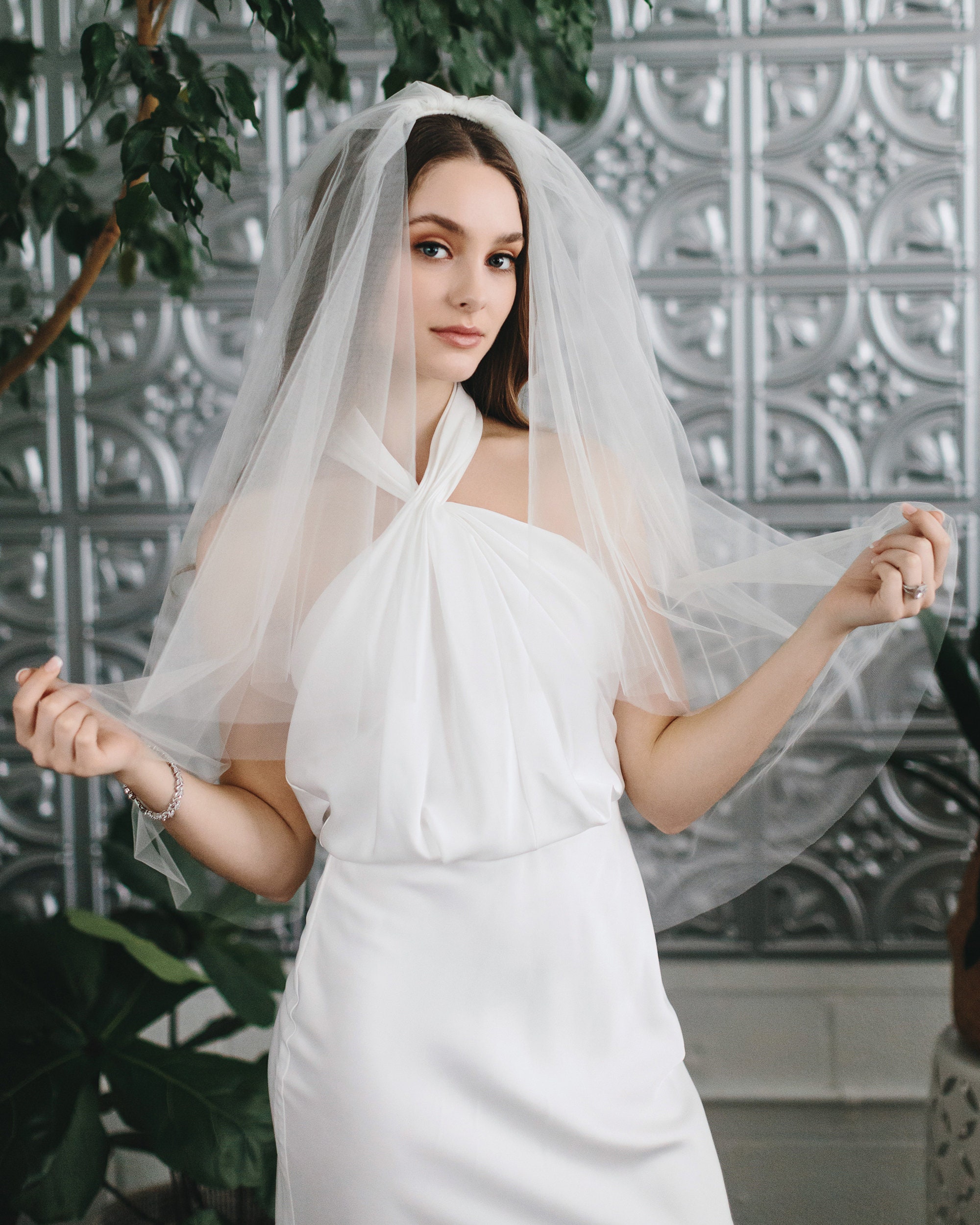 Light Ivory Blusher Wedding Veil • 2-tier Cut Edge Fingertip  display picture 3