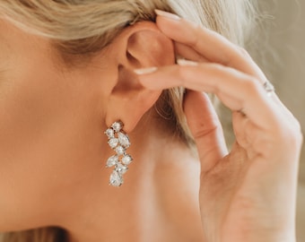 Floral Wedding Earrings, CZ Bridal Earrings, Cubic Zirconia Earrings, Dangle Earrings, Wedding Jewelry, Bridal Jewelry, CZ Earrings ~4093