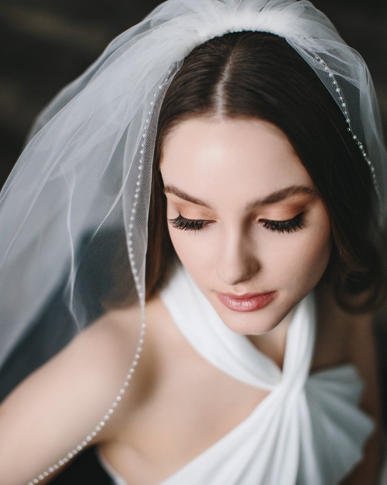 Wedding Veil Pearl Veil Cathedral Wedding Veil Ivory Veil Fingertip Veil Cathedral Veil Short Veil Pearl Wedding Veil 5046 image 2