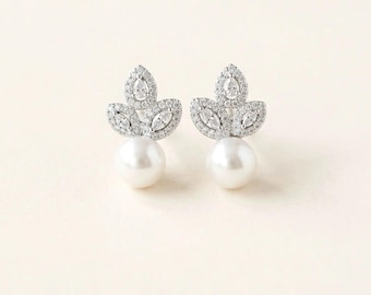 Pearl Stud Bridal Earrings, Silver CZ Flower Wedding Studs ~ 4562