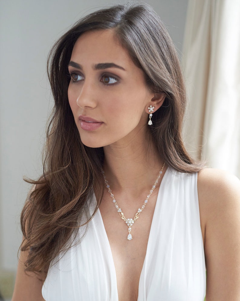 Bridesmaid Jewelry ~JS-1689 Floral Jewelry Set Opal Jewelry Set Opal Bridal Jewelry Wedding Jewelry CZ Wedding Jewelry