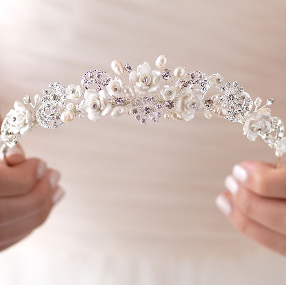 Rhinestone & Pearl Wedding Tiara, Bridal Hair Acce