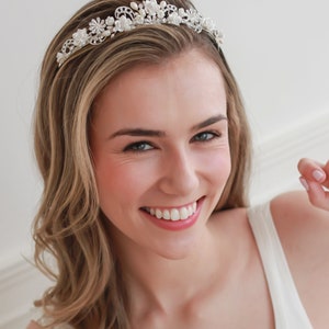 Rhinestone & Pearl Wedding Tiara, Bridal Hair Accessory, Pearl Bridal Tiara, Floral Wedding Crown, Flower Crown, Bridal Headpiece TI-3235 image 4