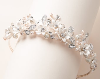 Blush Pink Floral Wedding Tiara, Pearl Bridal Crown, Bridal Hair Accessory, Pearl Bridal Tiara, Floral Wedding Crown, Bridal Headpiece ~3397