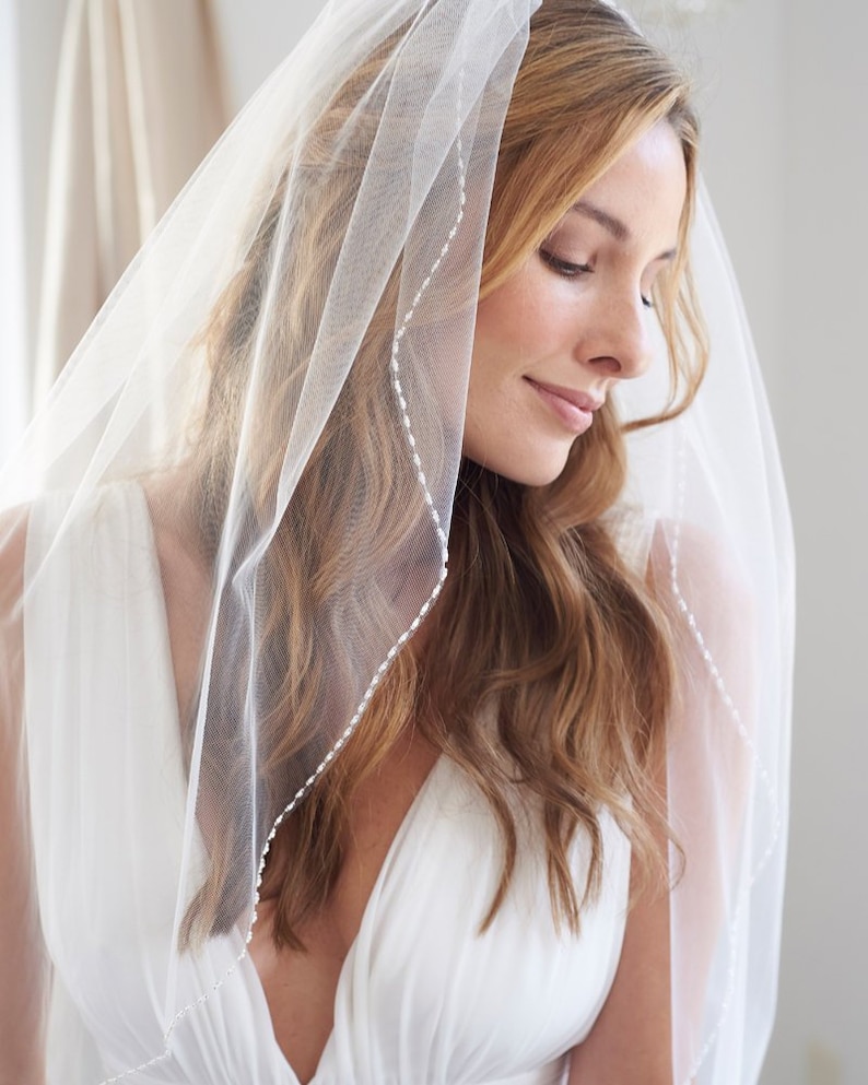 Beaded Wedding Veil, Bridal Veil, Wedding Veil, Fingertip Veil, Beaded Edge Veil, Ivory Veil, White Veil, Bride Veil, 1 Layer Veil 5057 image 4