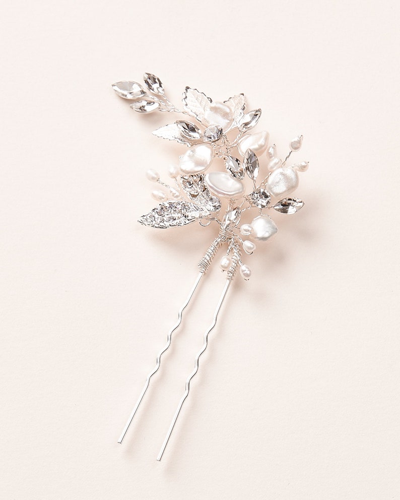 Pearl Bridal Hair Pin, Pearl Wedding Hair Pin, Keshi Pearl Bridal Hair Pin, Crystal & Pearl Wedding Hair Pin, Floral Bridal Hair Pin7014 image 2