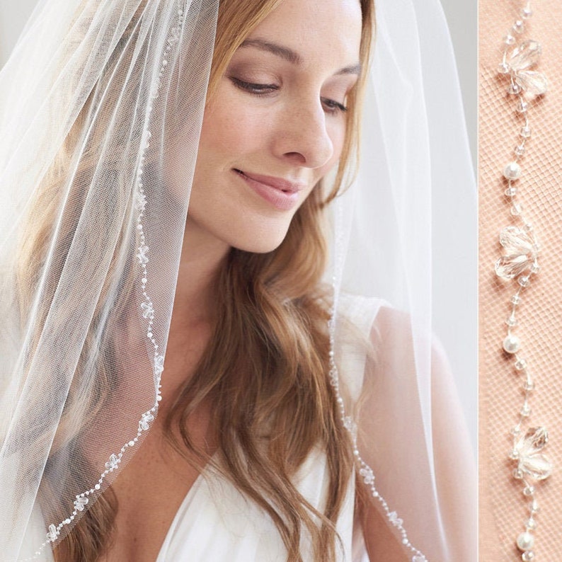 Crystal Beaded Wedding Veil Pearl Bridal Veil Ivory Veil | Etsy