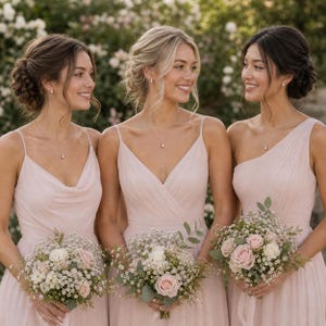 May include: Three light pink dresses featuring varied necklines including a cowl neck, a V-neck, and a one-shoulder design. Each dress is made of a flowing fabric and is paired with a bouquet of light pink roses and white baby's breath flowers.