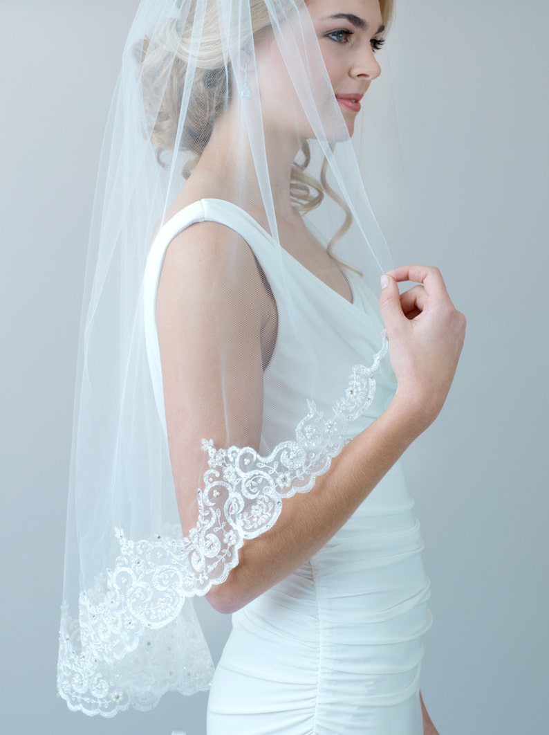 Pearl Lace Wedding Veil Rhinestone Bridal Veil Lace Etsy