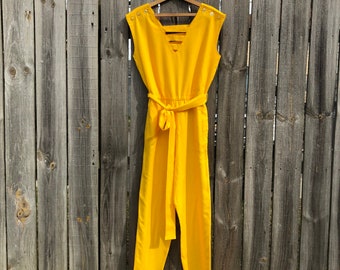Vintage and handmade cottonlinen bright yellow jumpsuit with cool geometric neckline free shipping